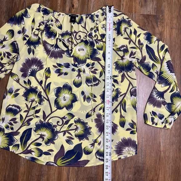 Ann Taylor LARGE sheer yellow floral long sleeve blouse - Picture 3 of 12